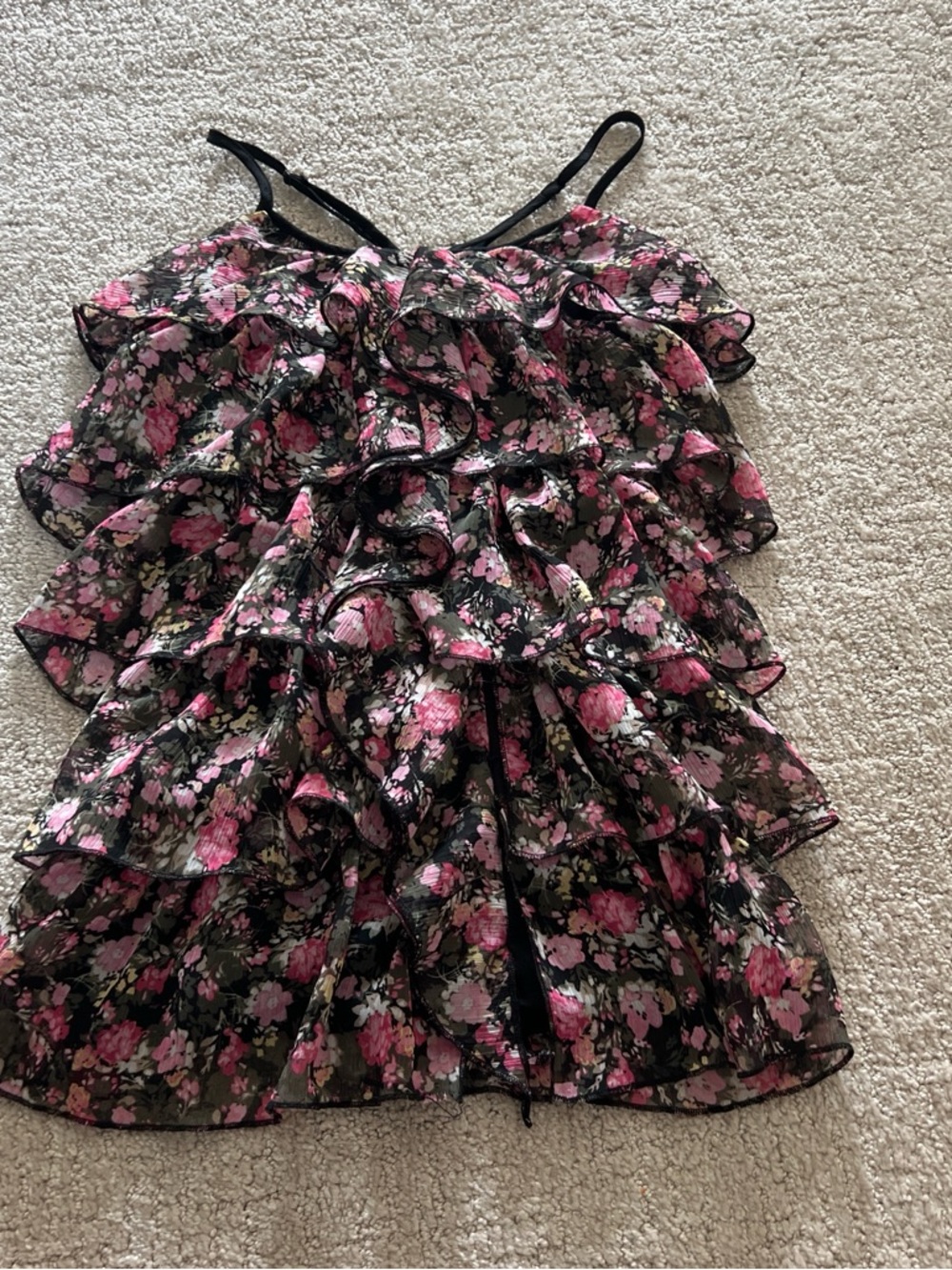 Candie's Black Satin Lined Floral Camisole with Pink Trim